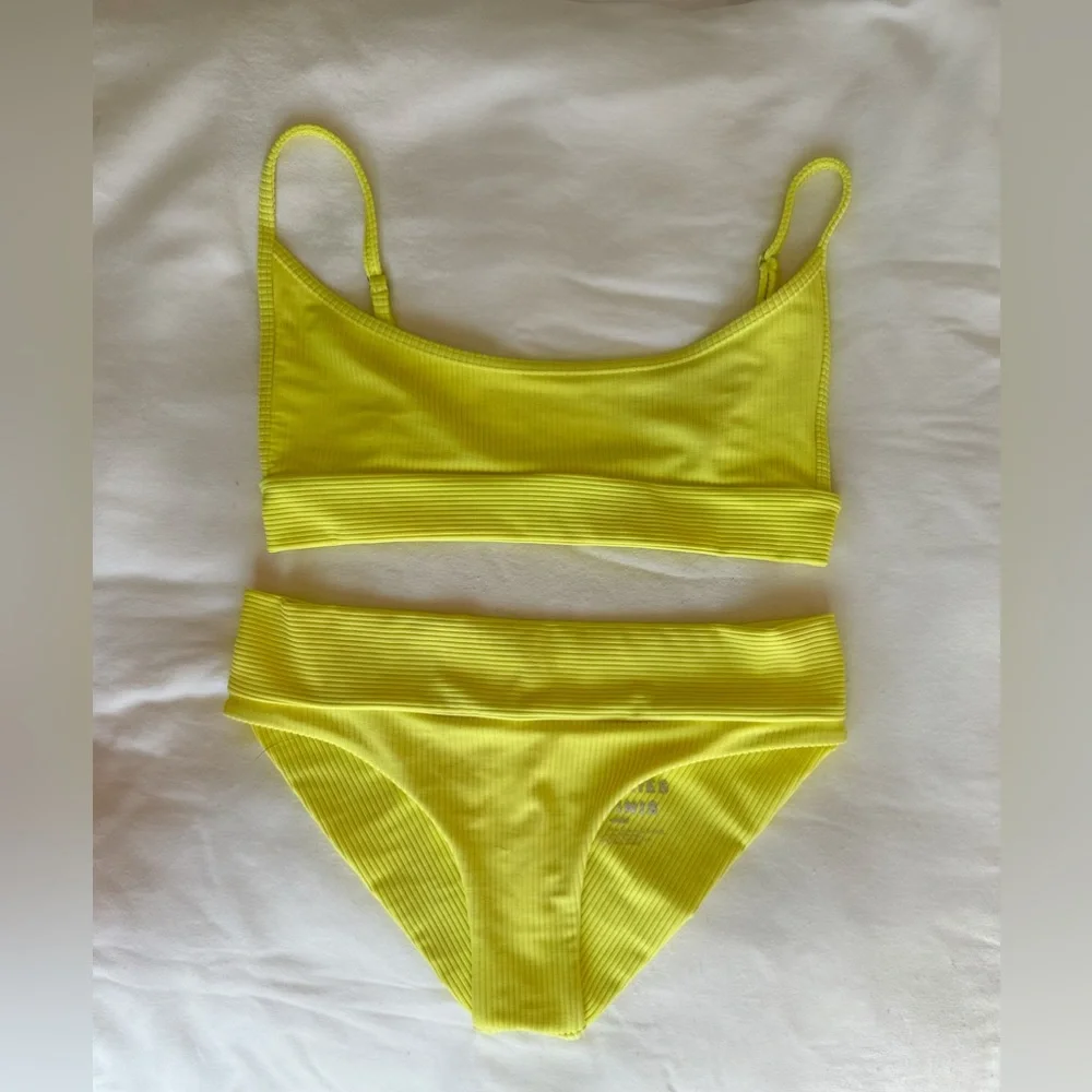Frankies Bikinis - Gavin Ribbed Bright Yellow Bikini Top and Bottom - Size M